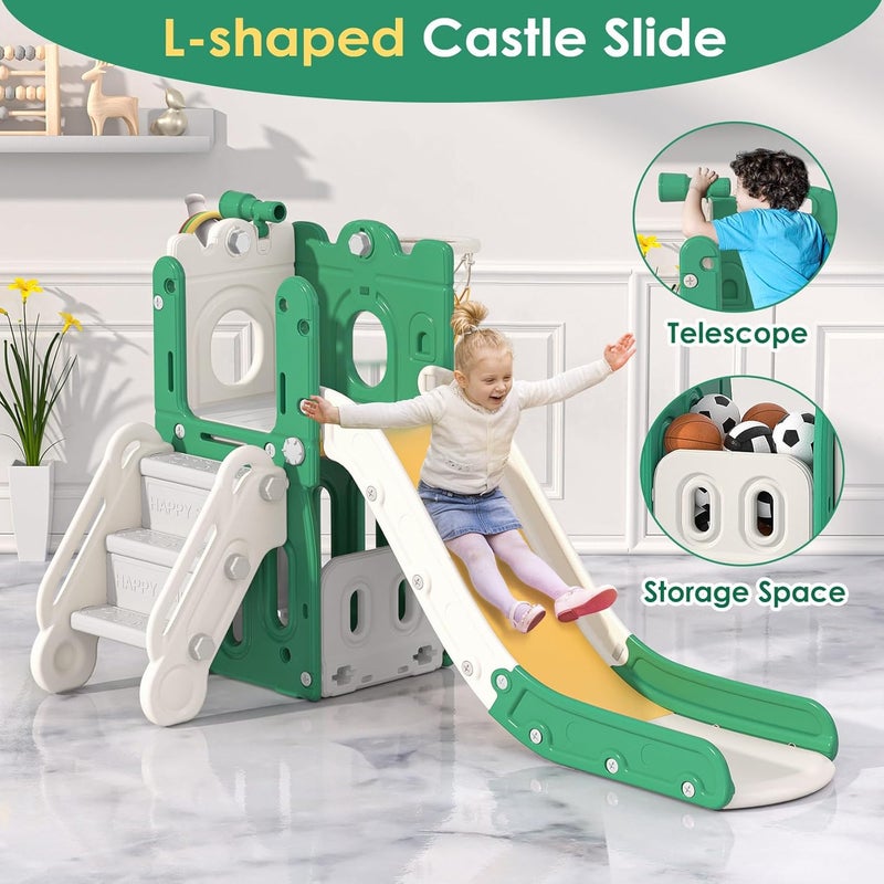 BIERUM 7 in 1 Toddler Slide, L-Shaped Baby Slide for Toddlers Age 1-3 with Basketball Hoop, Ring Toss, Storage Space, Outdoor Indoor Slide Playset Toddler Playground Green Yellow - Image 3